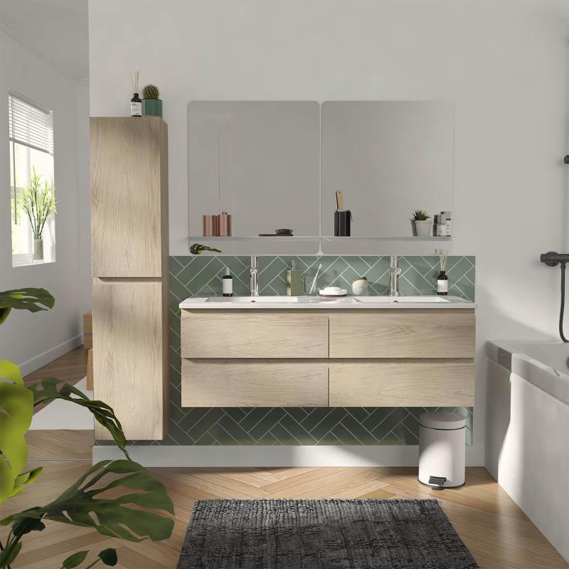 Ensemble meuble double vasque décor chêne 120cm + vasque + 2 miroirs + colonne