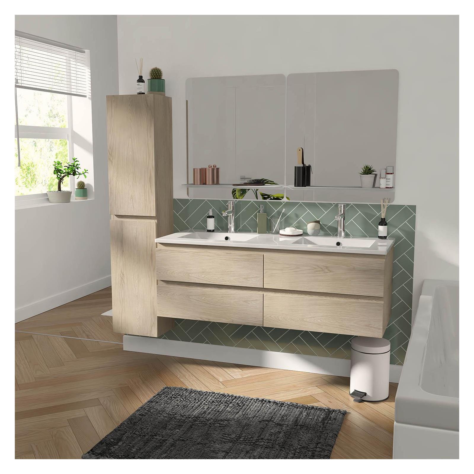 Ensemble meuble double vasque décor chêne  120cm + vasque + 2 miroirs + colonne