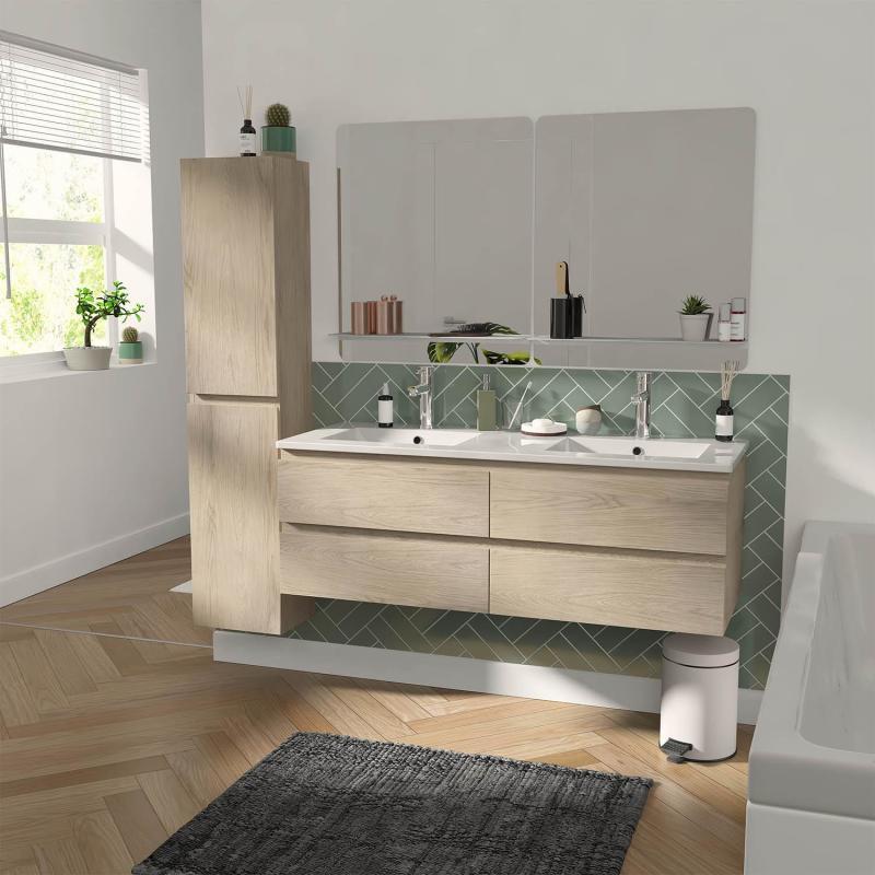 Ensemble meuble double vasque décor chêne 120cm + vasque + 2 miroirs + colonne