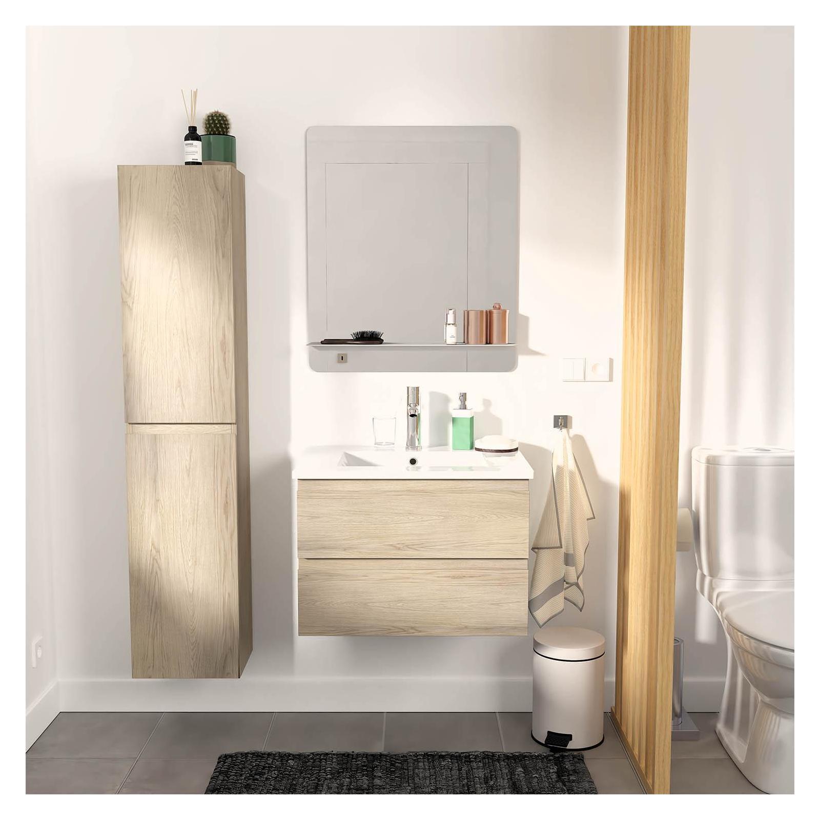Ensemble meuble simple vasque décor chêne  60cm + vasque + miroir + colonne