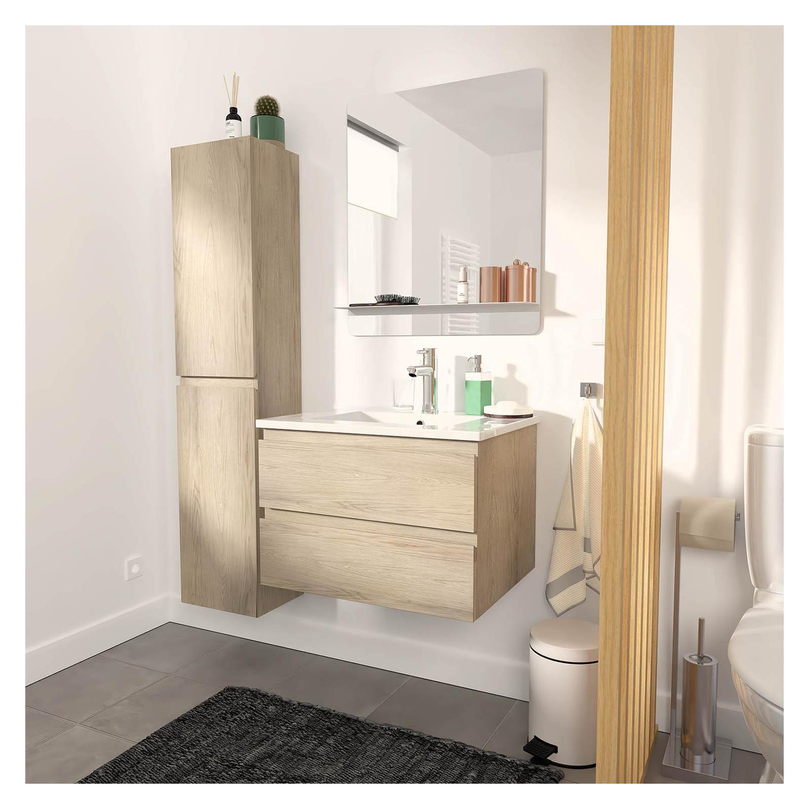 Ensemble meuble simple vasque décor chêne  60cm + vasque + miroir + colonne