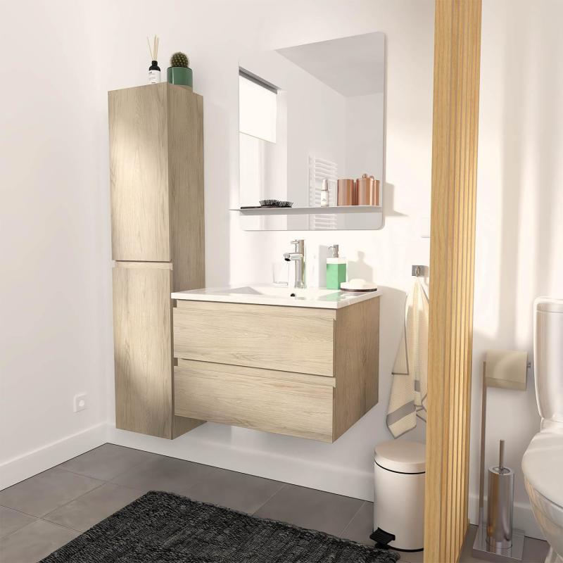 Ensemble meuble simple vasque décor chêne 60cm + vasque + miroir + colonne