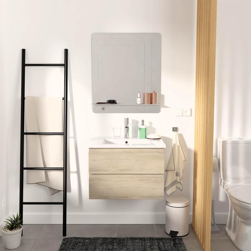 Meuble Salle de Bain 60 cm Suspendu décor Chêne + Miroir SORRENTO