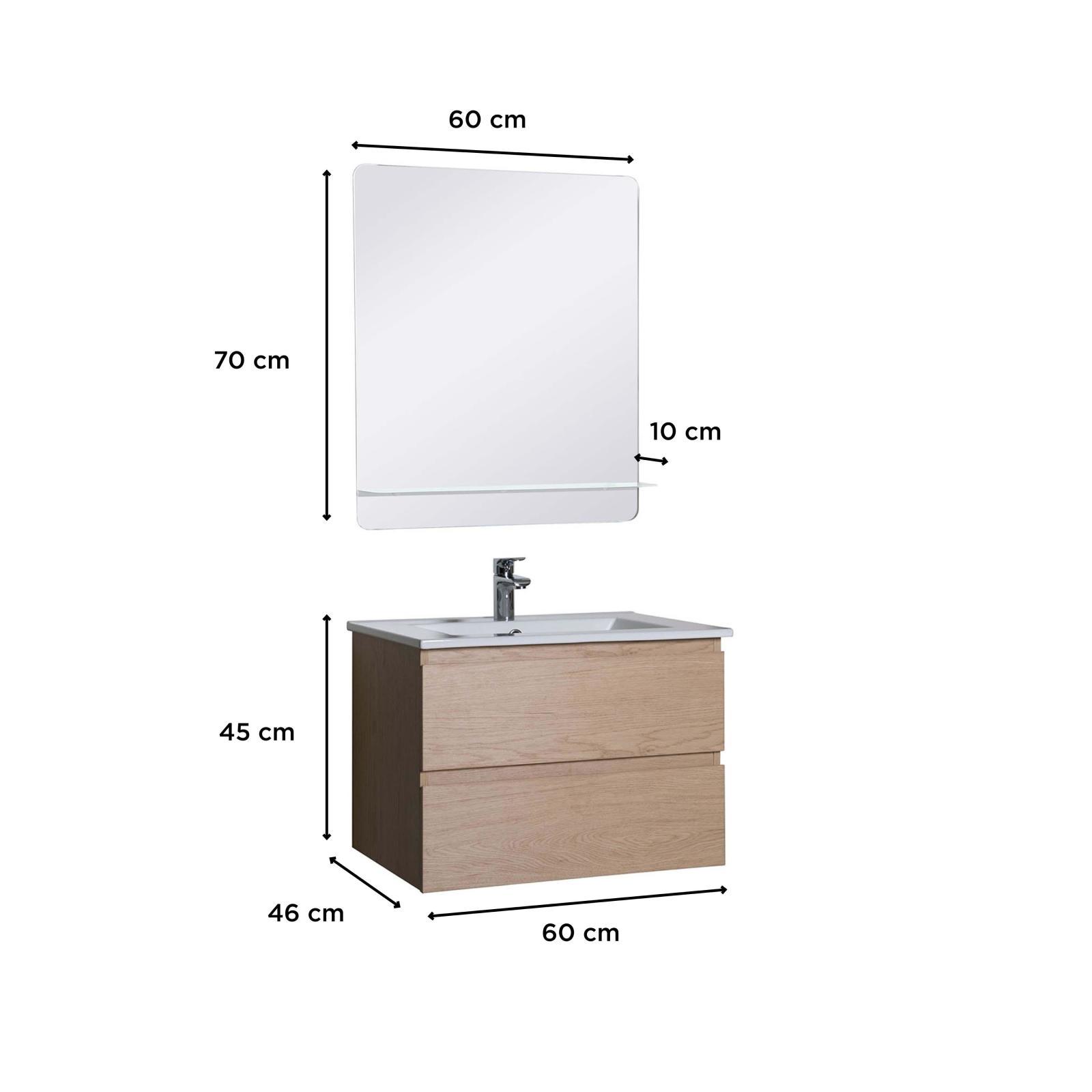 Meuble Salle de Bain 60 cm Suspendu décor Chêne + Miroir SORRENTO