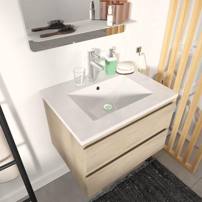 Meuble Salle de Bain 60 cm Suspendu décor Chêne + Miroir SORRENTO