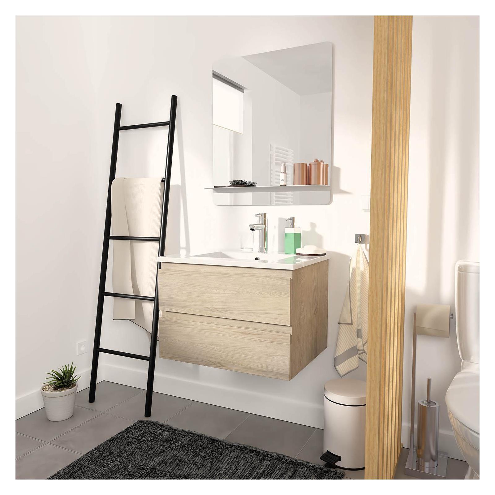 Meuble Salle de Bain 60 cm Suspendu décor Chêne + Miroir SORRENTO