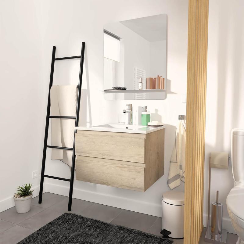 Meuble Salle de Bain 60 cm Suspendu décor Chêne + Miroir SORRENTO