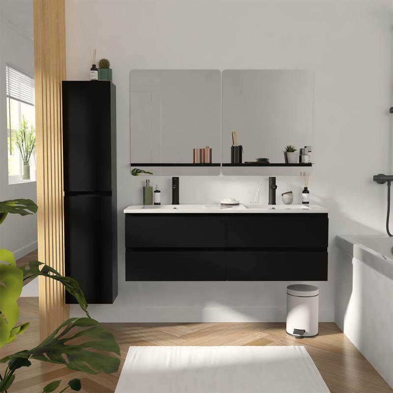 Ensemble meuble double vasque noir carbone 120cm + vasque + 2 miroirs + colonne
