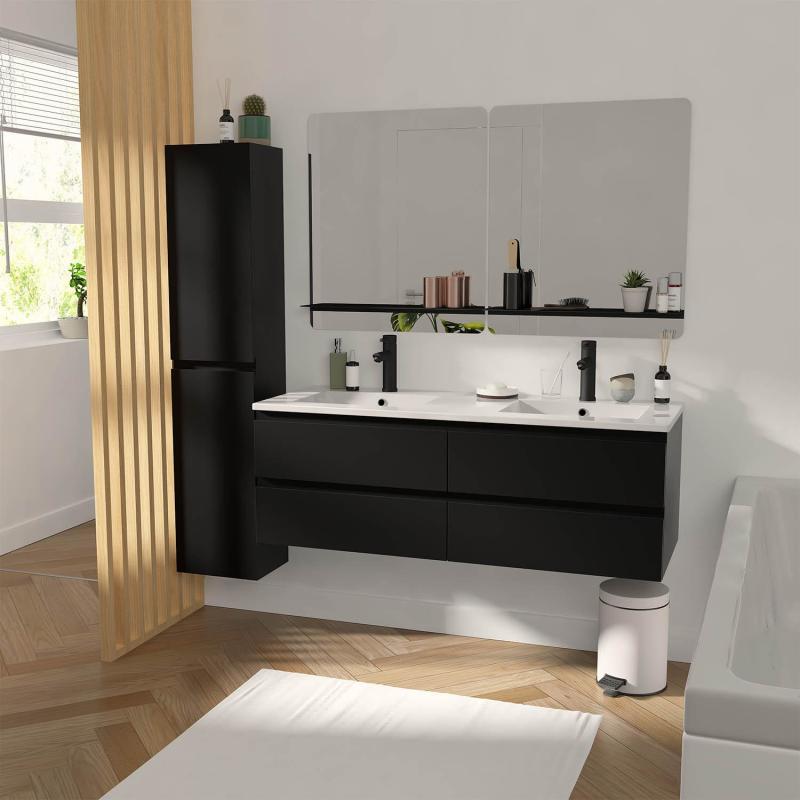 Ensemble meuble double vasque noir carbone 120cm + vasque + 2 miroirs + colonne