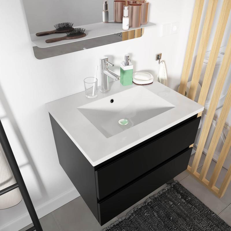 Ensemble meuble simple vasque noir carbone 60cm + vasque + miroir + colonne