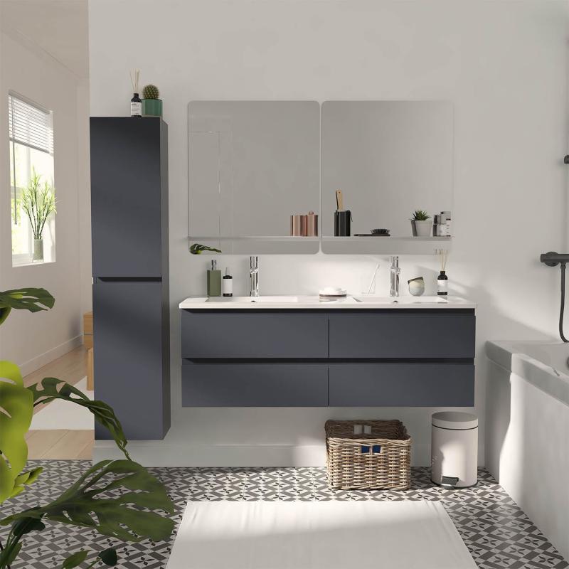 Ensemble meuble double vasque gris anthracite 120cm + vasque + 2 miroirs + 2 robinets + colonne
