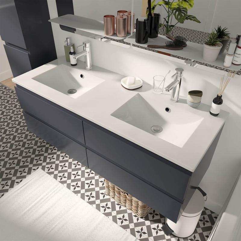 Ensemble meuble double vasque gris anthracite 120cm + vasque + 2 miroirs + 2 robinets + colonne