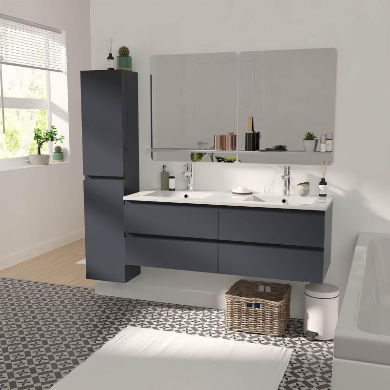 Ensemble meuble double vasque gris anthracite 120cm + vasque + 2 miroirs + 2 robinets + colonne