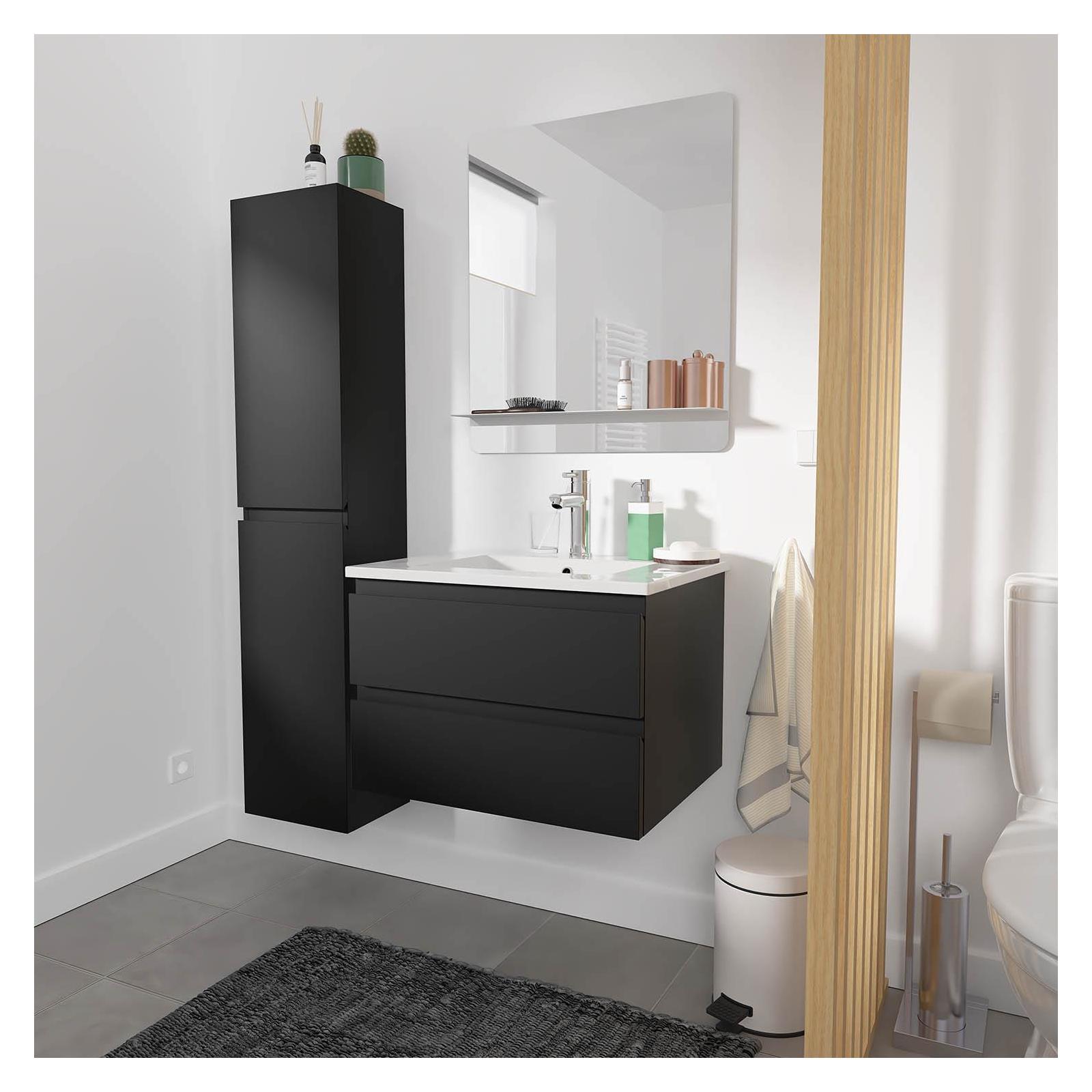 Ensemble meuble simple vasque noir carbone  60cm + vasque + miroir + colonne