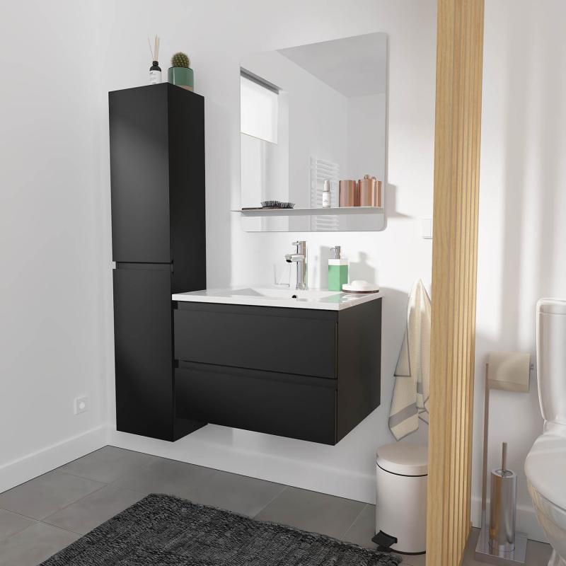 Ensemble meuble simple vasque noir carbone 60cm + vasque + miroir + colonne