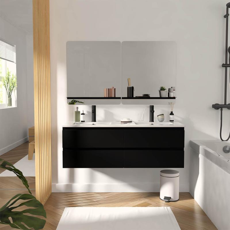 Ensemble meuble double vasque noir carbone 120cm + plan double vasque + 2 miroirs