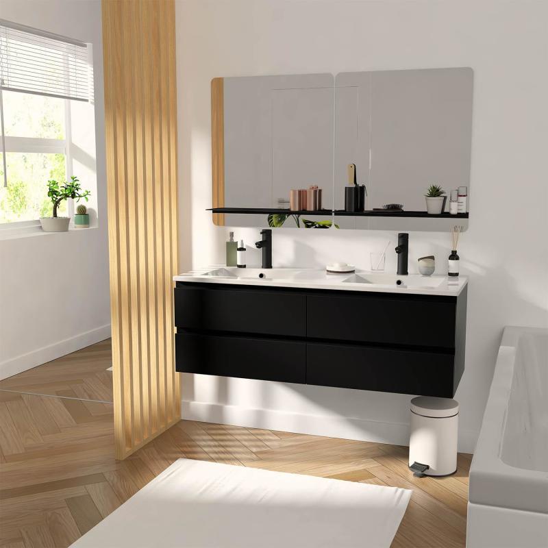 Ensemble meuble double vasque noir carbone 120cm + plan double vasque + 2 miroirs