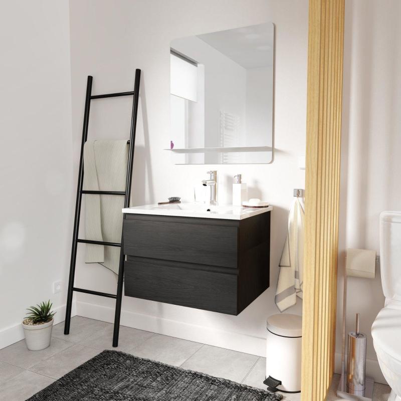 Ensemble meuble simple vasque décor chêne carbone 60cm + vasque + robinet