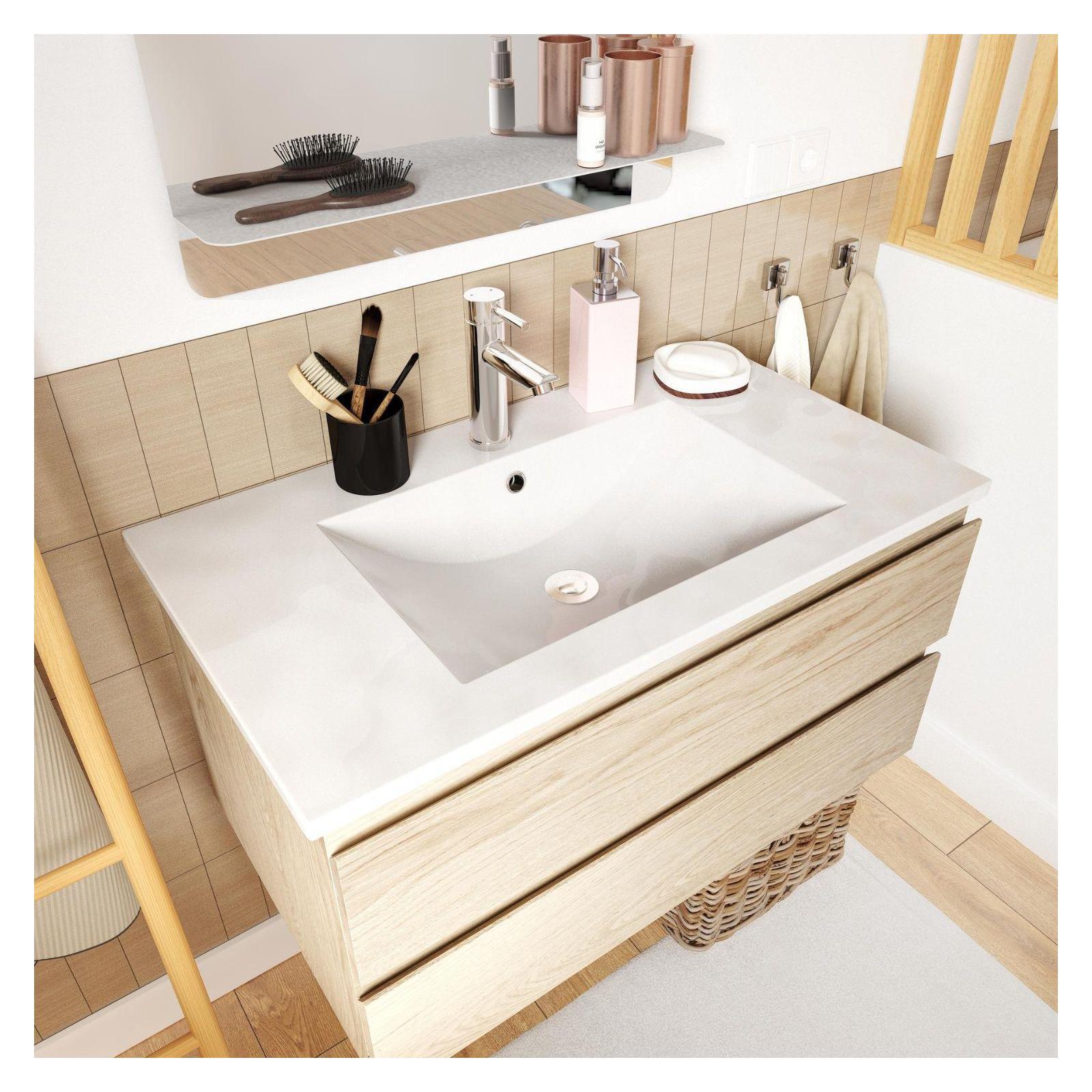 Ensemble meuble simple vasque décor chêne  80cm + vasque + robinet + miroir
