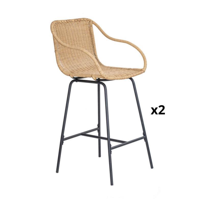 Lot de 2 tabourets d'îlot en rotin et pieds métal 65 cm MOOREA