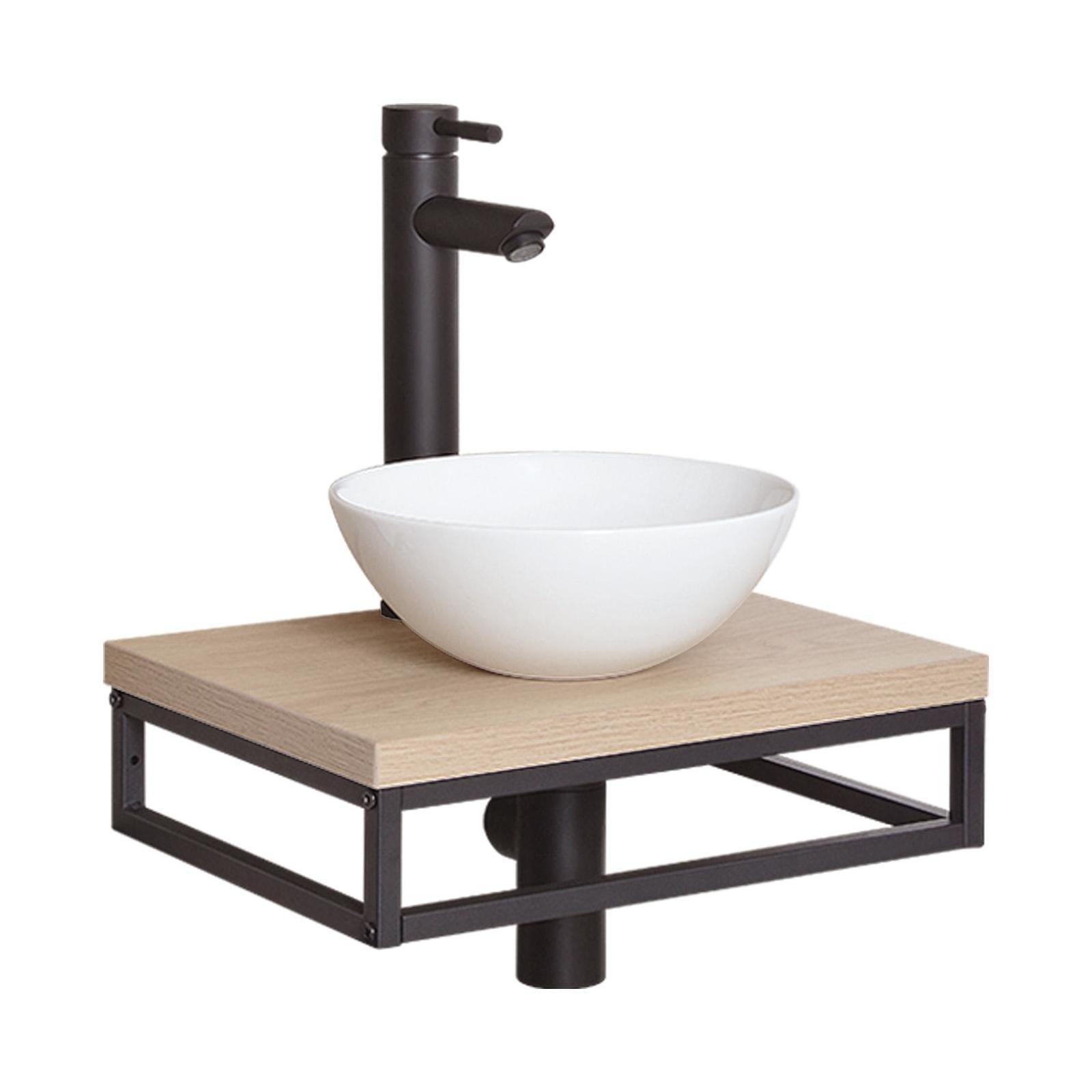 Meuble lave-mains plan fin porte-serviettes dessous + vasque blanche