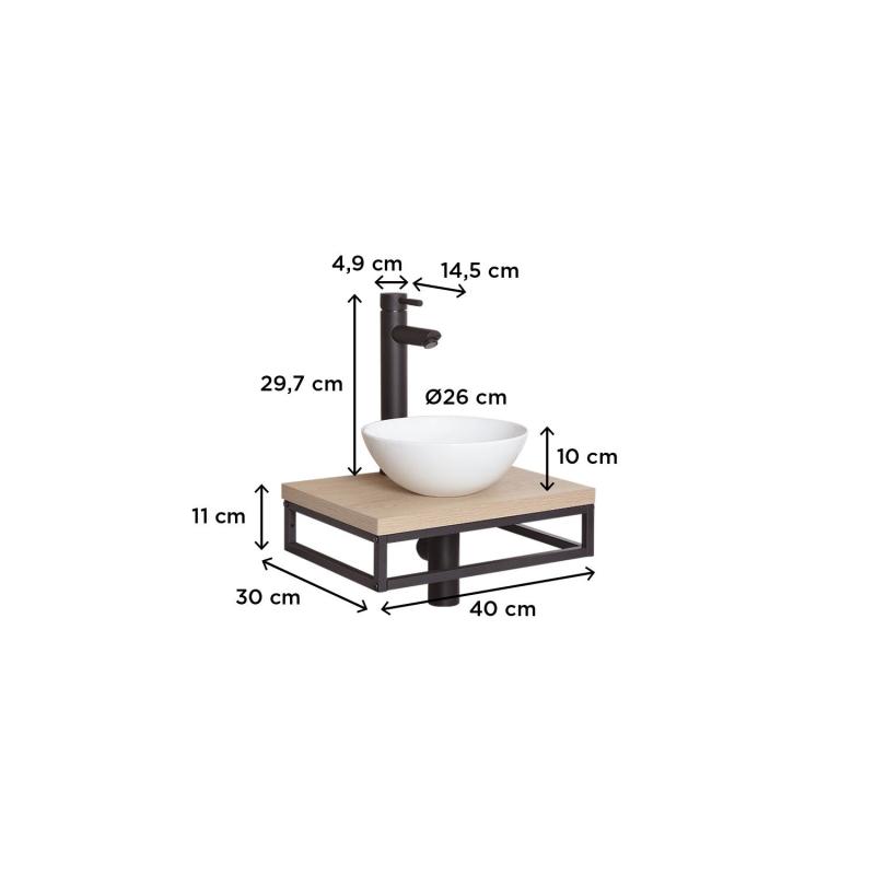 Meuble lave-mains plan fin porte-serviettes dessous + vasque blanche + robinet