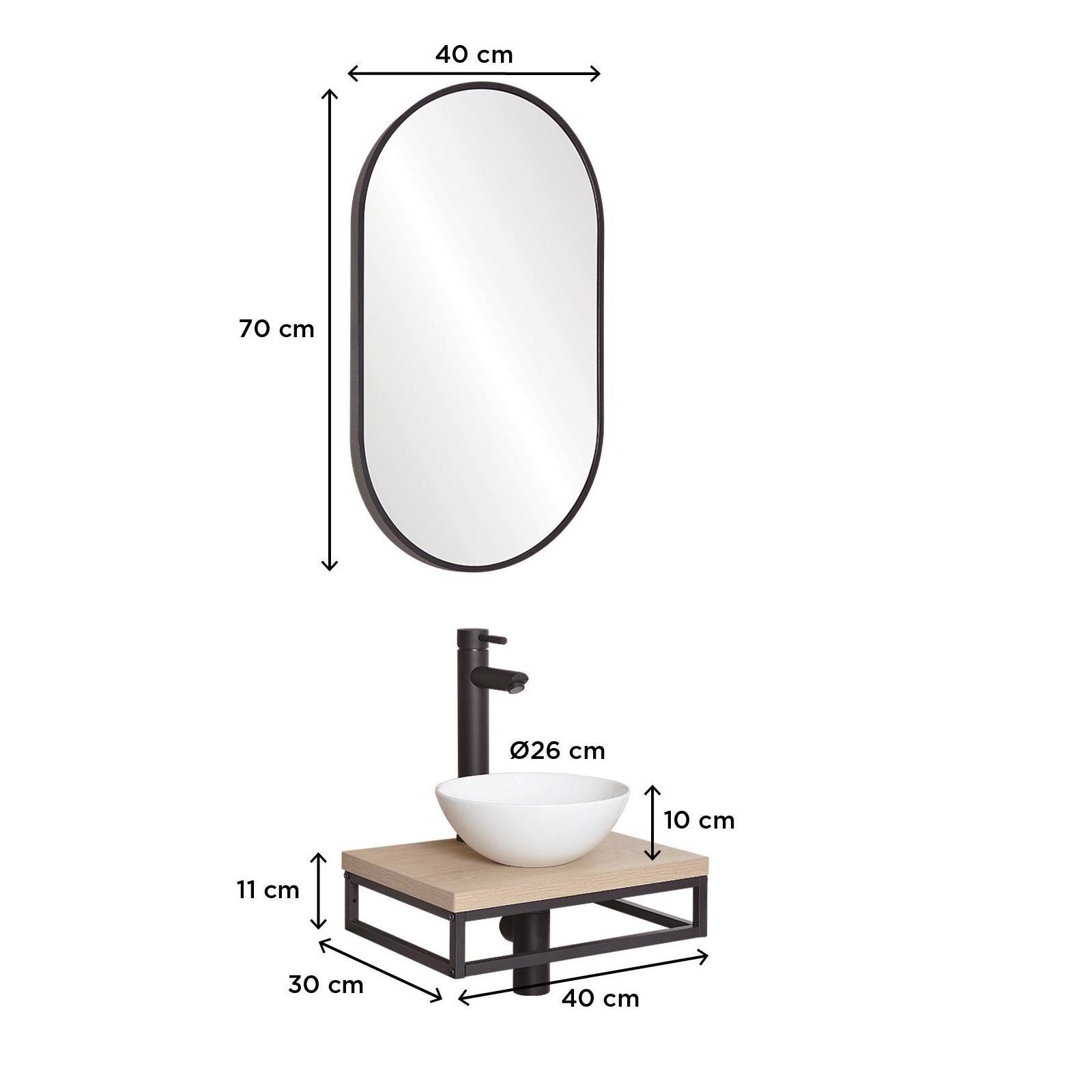 Meuble lave-mains plan fin porte-serviettes dessous + vasque blanche + miroir