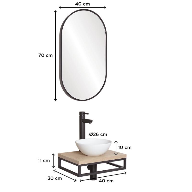 Meuble lave-mains plan fin porte-serviettes dessous + vasque blanche + miroir
