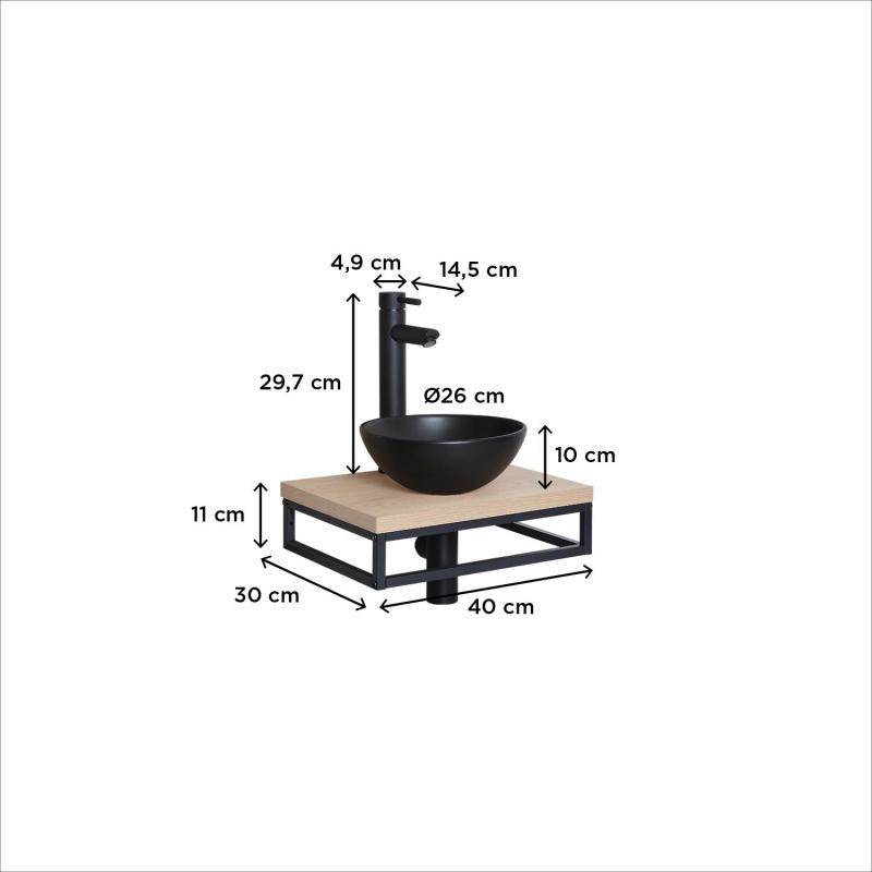 Meuble lave-mains plan fin porte-serviettes dessous + vasque noire + robinet