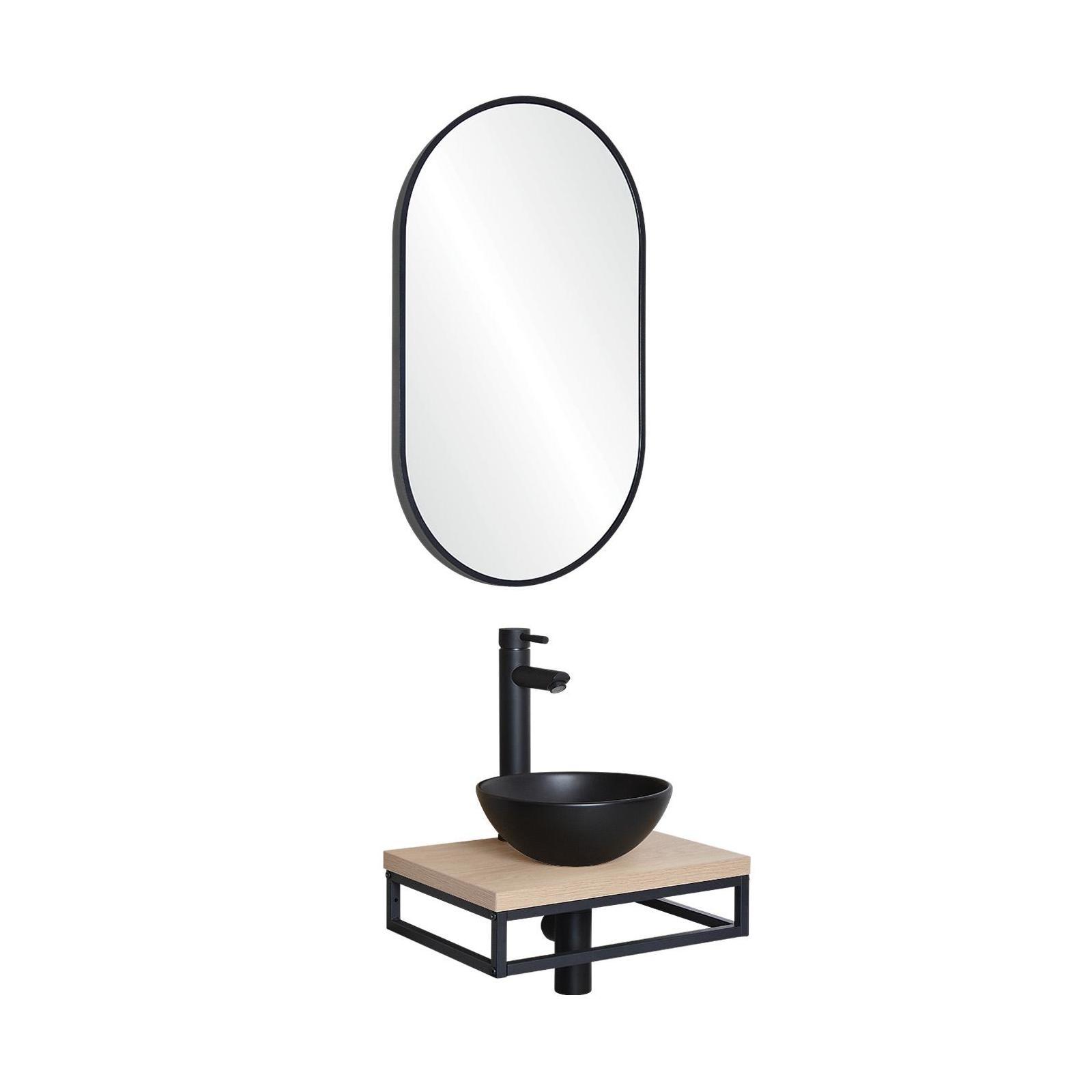 Meuble lave-mains plan fin porte-serviettes dessous + vasque noire + miroir