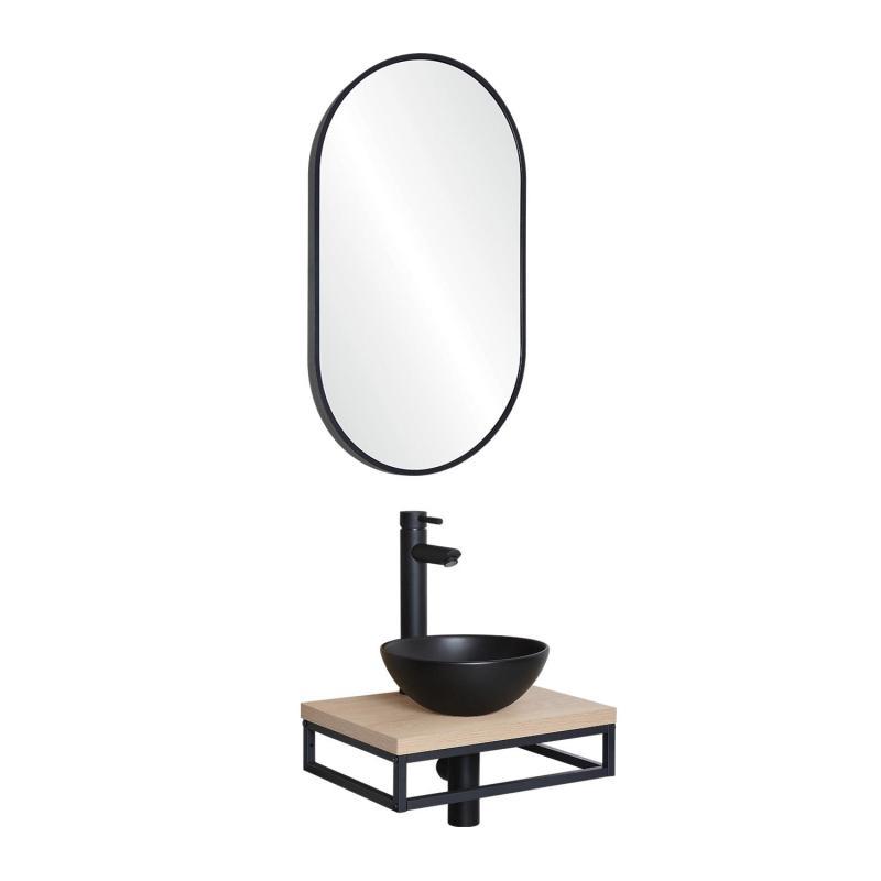 Meuble lave-mains plan fin porte-serviettes dessous + vasque noire + miroir