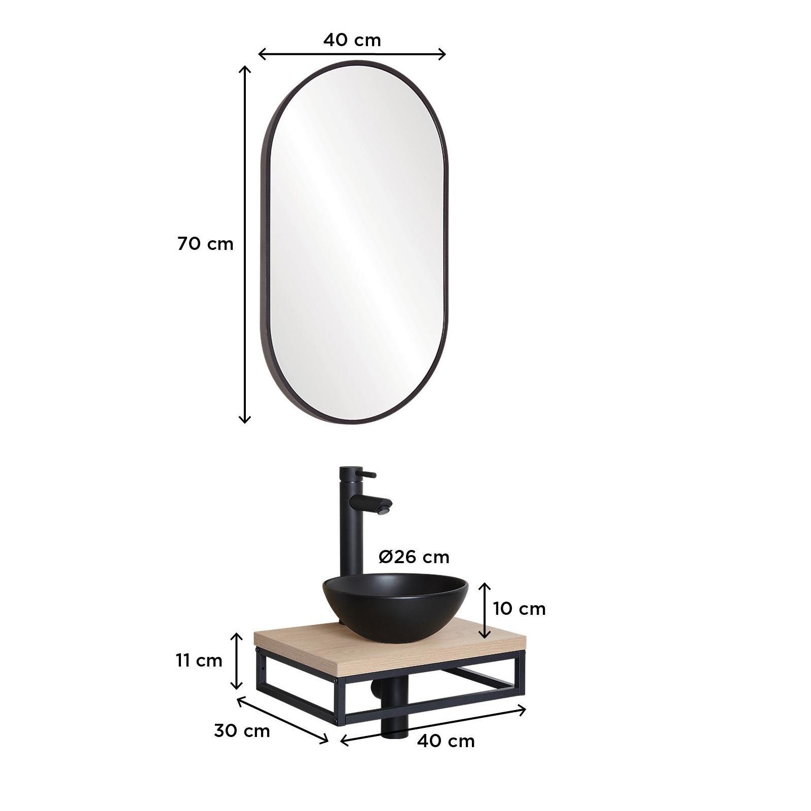 Meuble lave-mains plan fin porte-serviettes dessous + vasque noire + miroir