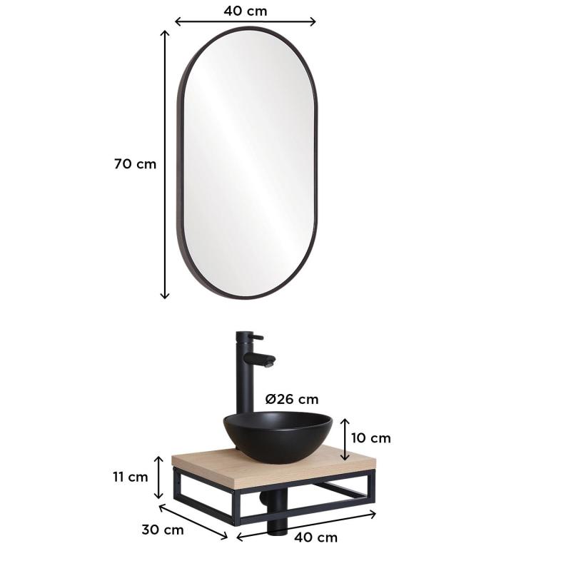Meuble lave-mains plan fin porte-serviettes dessous + vasque noire + miroir