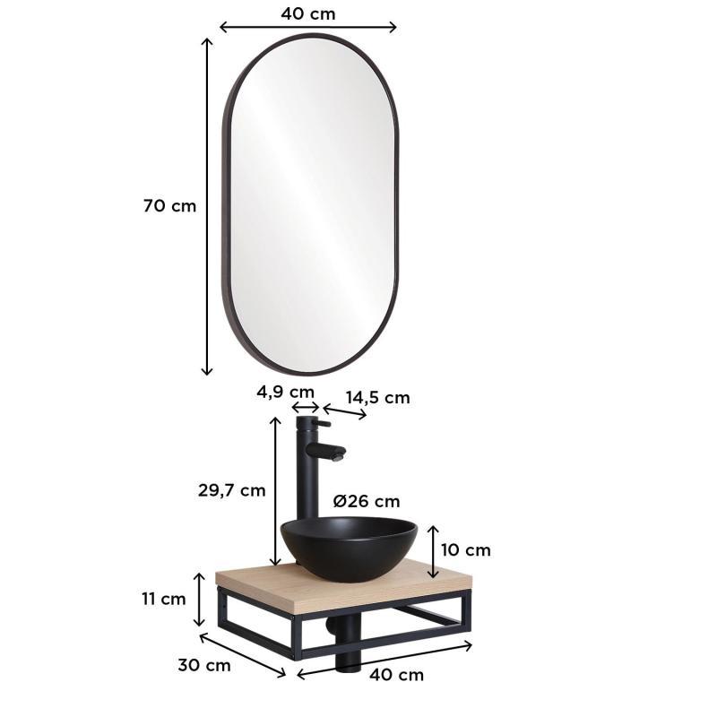 Meuble lave-mains plan fin porte-serviettes dessous + vasque noire + robinet + miroir