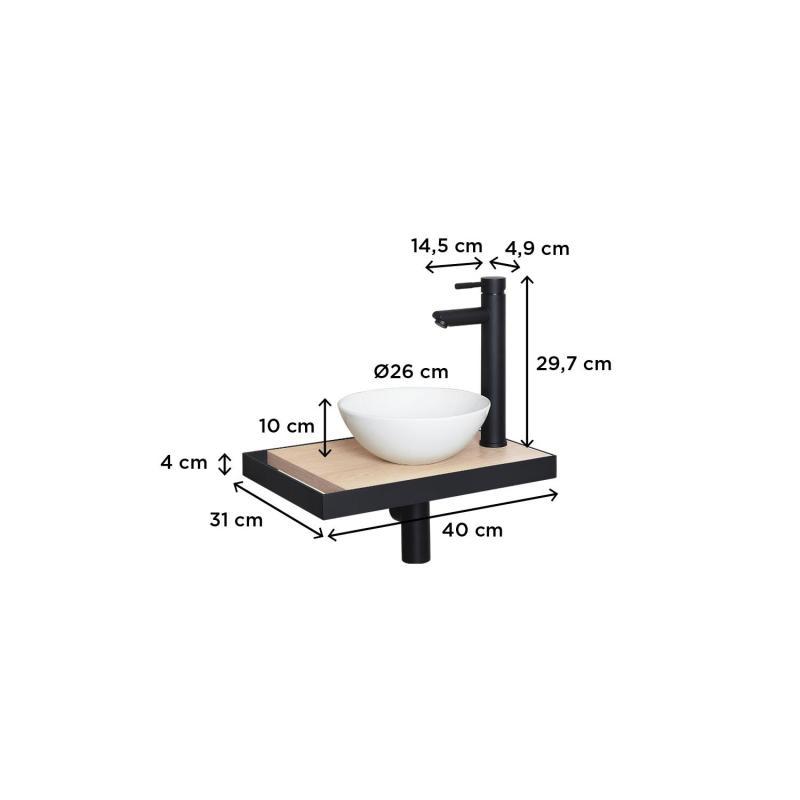 Meuble lave-mains plan fin porte-serviettes côté + vasque blanche + robinet