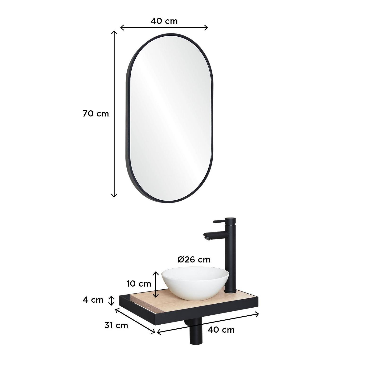 Meuble lave-mains plan fin porte-serviettes côté + vasque blanche + miroir