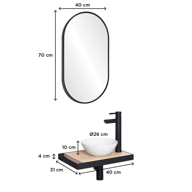 Meuble lave-mains plan fin porte-serviettes côté + vasque blanche + miroir