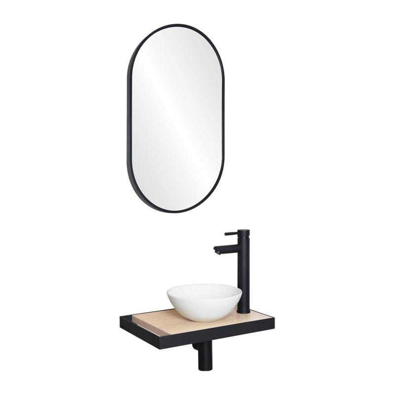Meuble lave-mains plan fin porte-serviettes côté + vasque blanche + robinet + miroir
