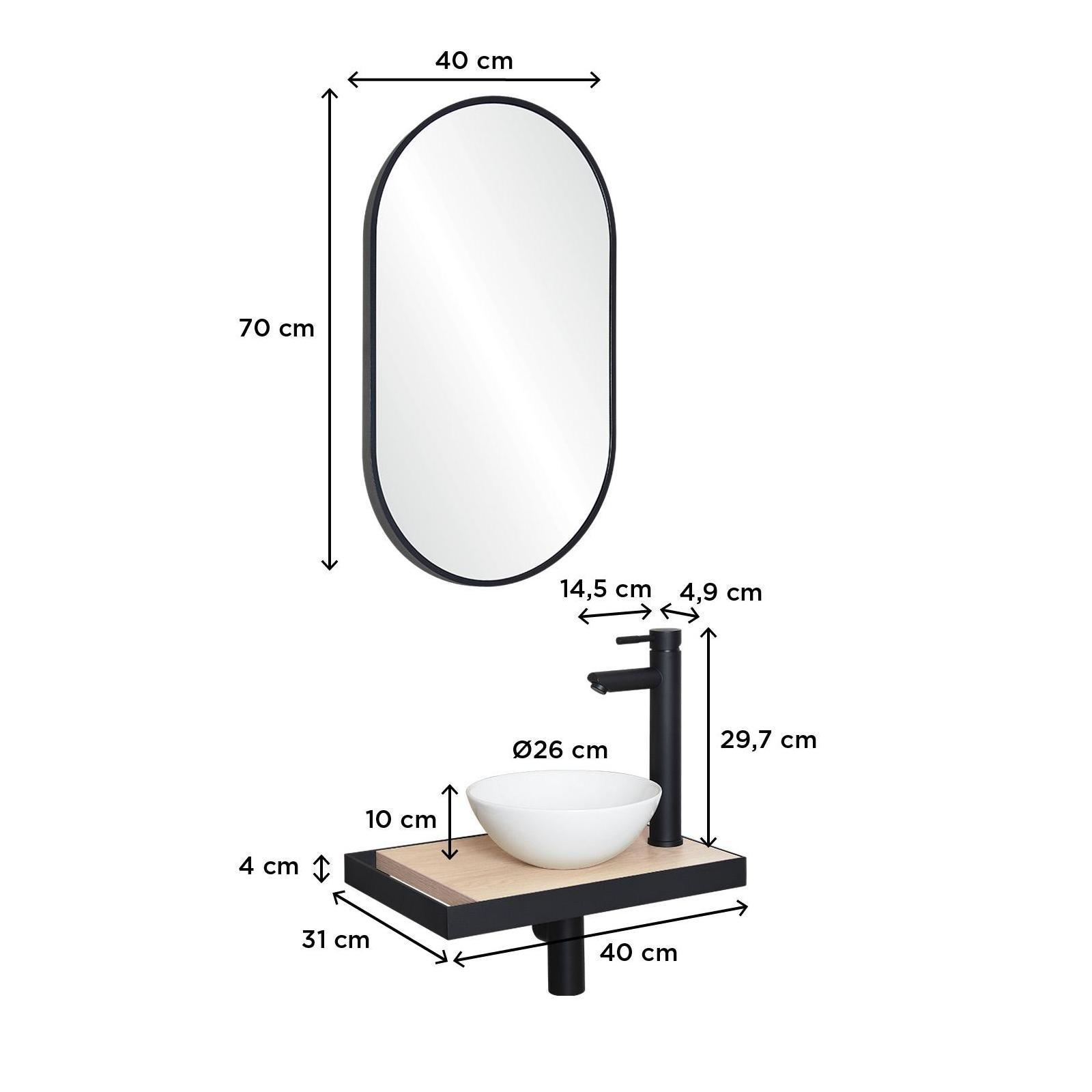 Meuble lave-mains plan fin porte-serviettes côté + vasque blanche + robinet + miroir