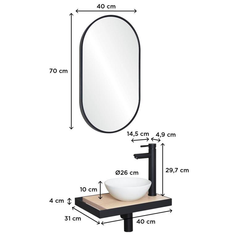 Meuble lave-mains plan fin porte-serviettes côté + vasque blanche + robinet + miroir