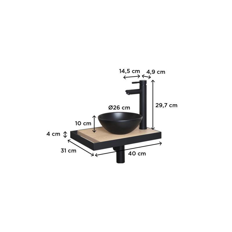 Meuble lave-mains plan fin porte-serviettes côté + vasque noire + robinet