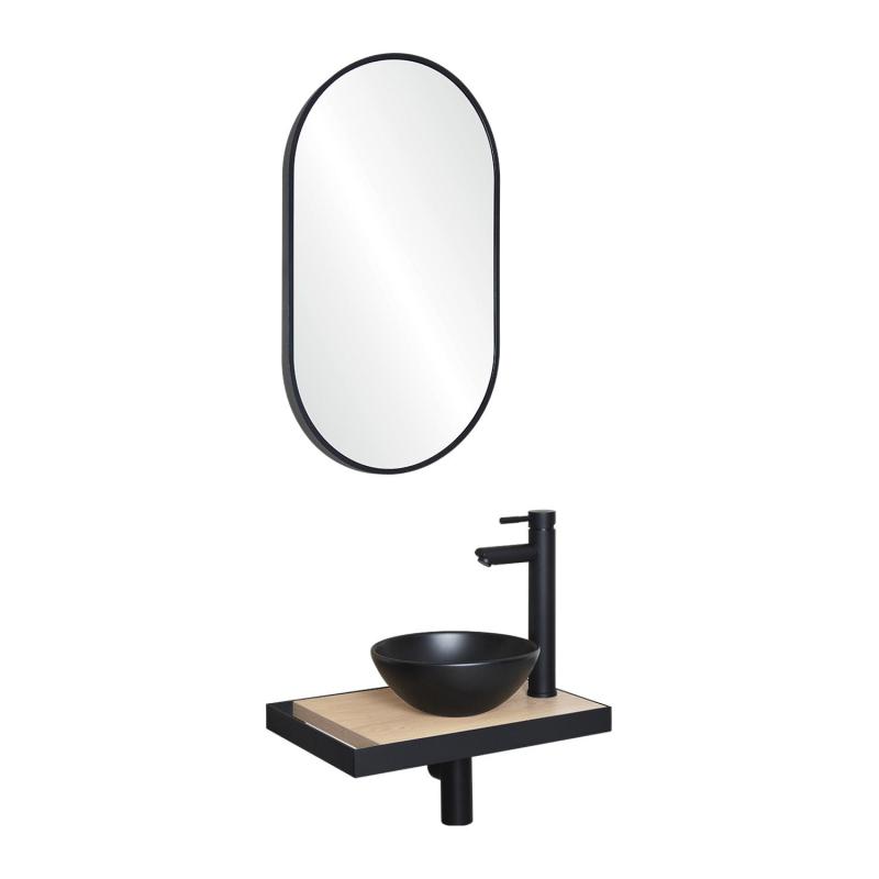 Meuble lave-mains plan fin porte-serviettes côté + vasque noire + miroir