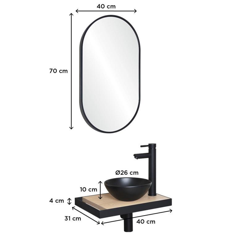 Meuble lave-mains plan fin porte-serviettes côté + vasque noire + miroir