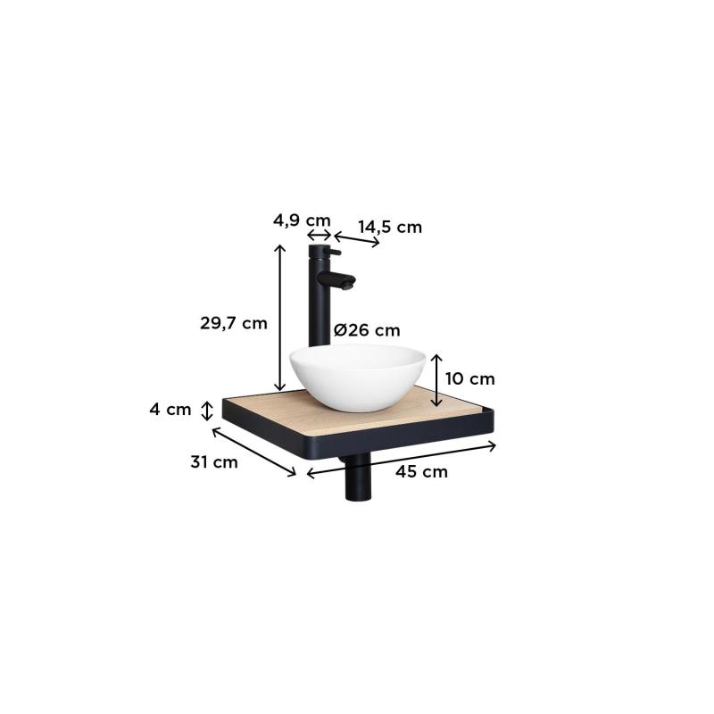 Meuble lave-mains plan fin porte-serviettes face + vasque blanche + robinet