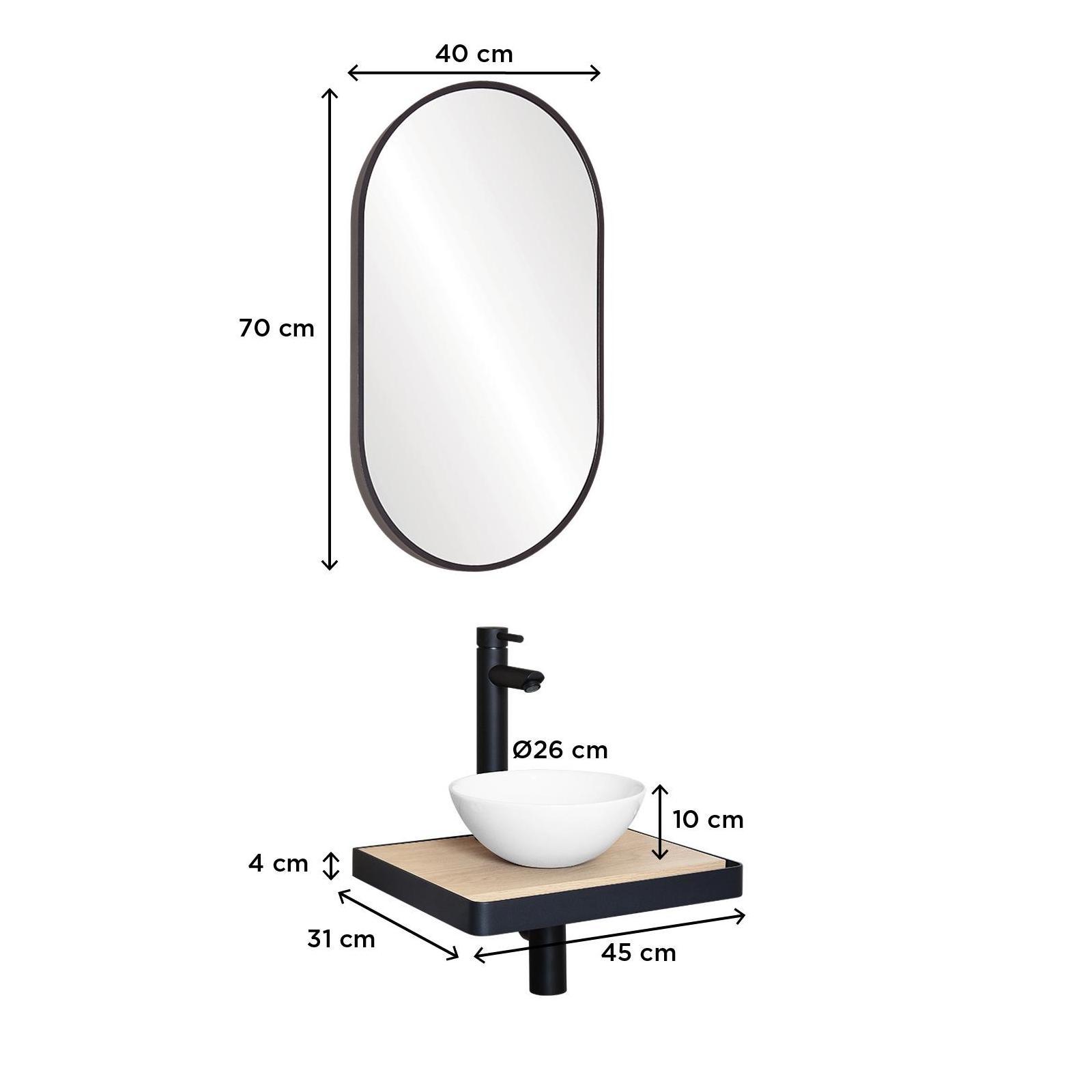Meuble lave-mains plan fin porte-serviettes face + vasque blanche + miroir