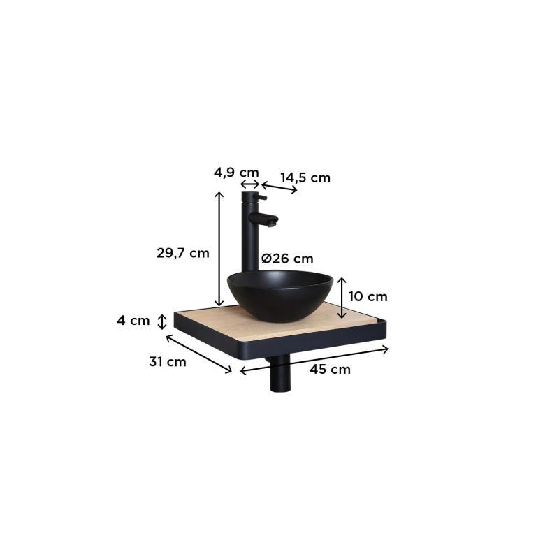 Meuble lave-mains plan fin porte-serviettes face + vasque noire + robinet