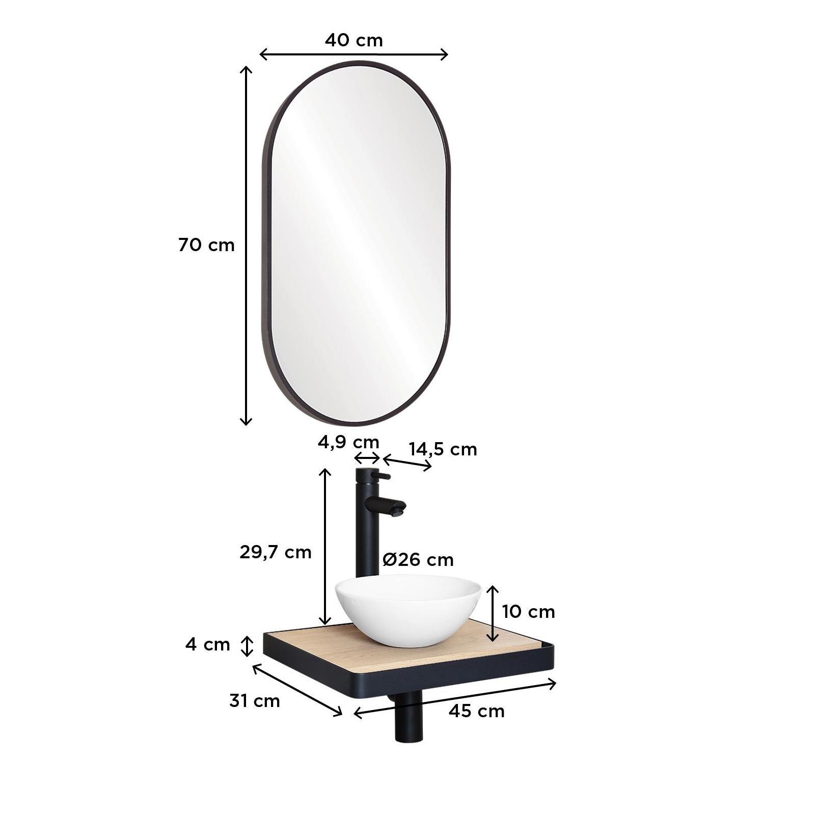 Meuble lave-mains plan fin porte-serviettes face + vasque blanche + robinet + miroir