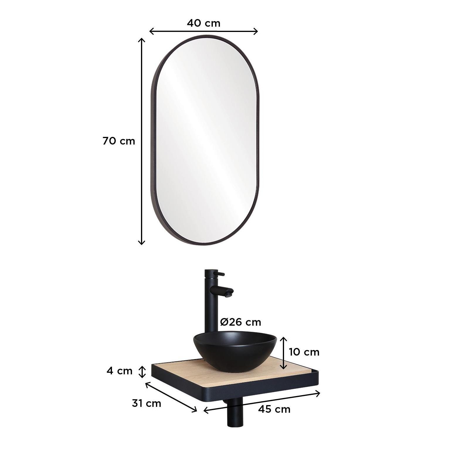 Meuble lave-mains plan fin porte-serviettes face + vasque noire + miroir