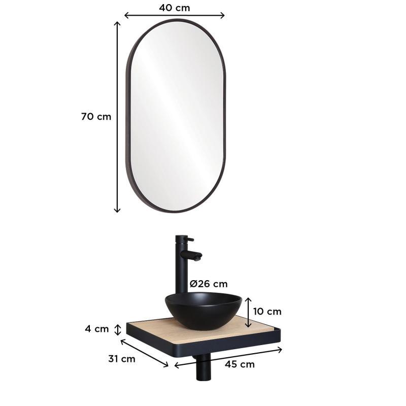 Meuble lave-mains plan fin porte-serviettes face + vasque noire + miroir