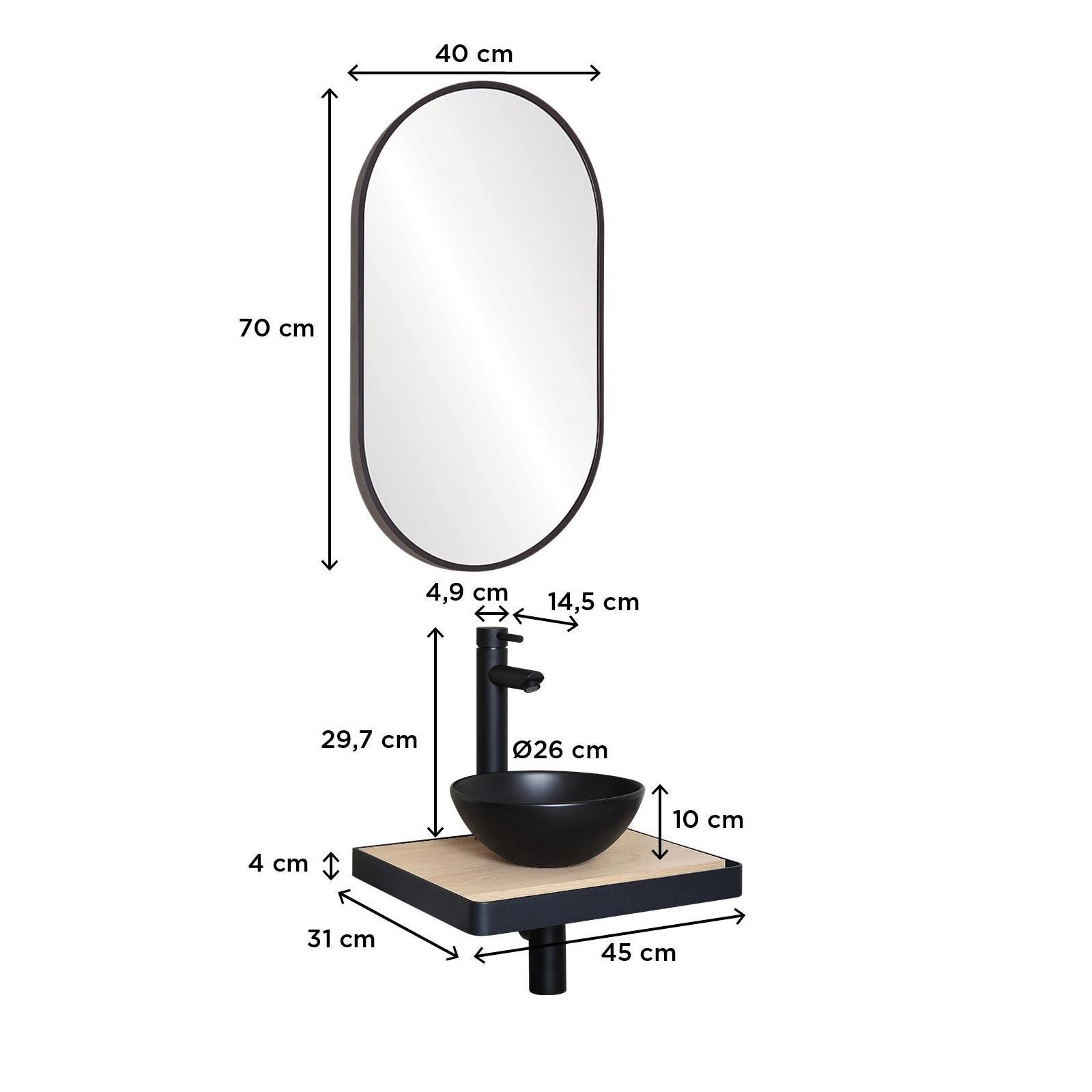 Meuble lave-mains plan fin porte-serviettes face + vasque noire + robinet + miroir